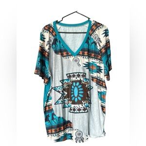 Teal and Gray Aztec V-Neck Women's Top